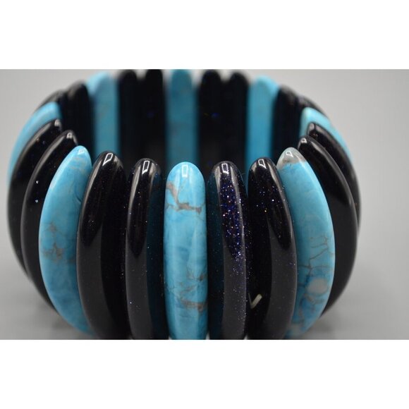 Goldstone & Turquoise Long Bead Stretch Bracelet Chunky Large Bangle Jewelry - Picture 4 of 8